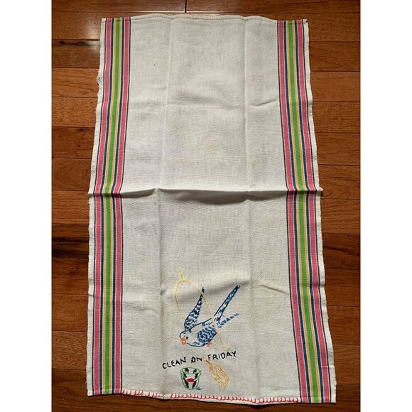 Vintage Clean on Friday Hand Embroidered Bird on Swing Hand Towel - Picture 2 of 8